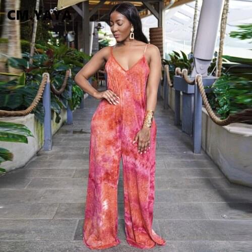 CM.YAYA Women Jumpsuit Tie Dye Spaghetti Strap V-neck Loose Long Romper Sexy Fashion Casual Beach One Piece Overall Outfit