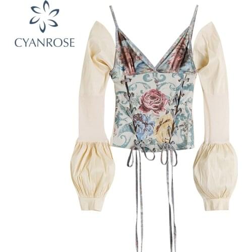 Off Shoulder Suspender Women French Chic Flower Printe Cross Bandage Vintage Slim Short Tops Female Summer 2021 Trendy Clothing