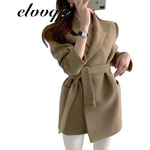 New 2020 Autumn Winter Women Blazers Woolen Formal Jackets Outerwear Lace Up Elegant Office Work Lady High Quality Tops Coats