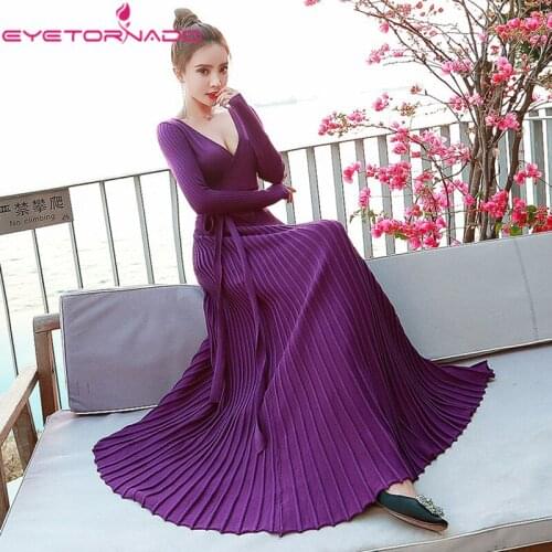 Women Long Maxi Dress Sexy V Neck Purple Sashes Casual Work Pleated Jumper Elegant Jersey Knitted Sweater Dress 9143