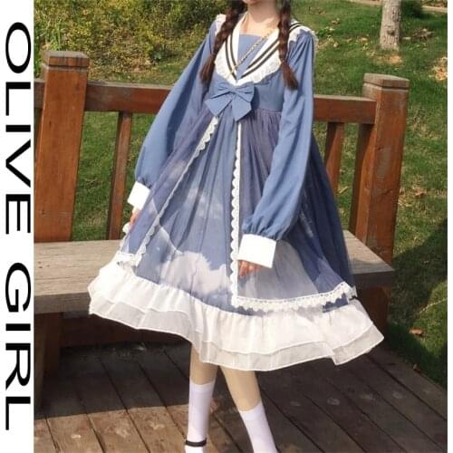 Girl Cosplay Japanese Lolita Style Harajuku Gothic Bandage Sweet Sailor Collar Bow Flare Sleeve Lace Dress Kawaii Ruffles Dress