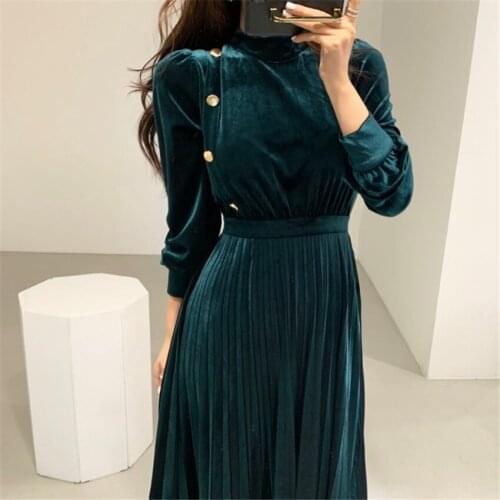 20 Autumn Winter Vintage Women Gold Velvet Dresses Lady Long Sleeve Pleated Dress Midi long Sashes Dress Vestidos Femininas 1277