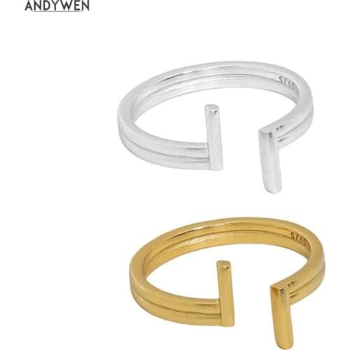 ANDYWEN 100% 925 Sterling Silver Gold Cross T Open Adjustable Ring Women Rock Puck Party Jewelry Resizable Jewels For Party