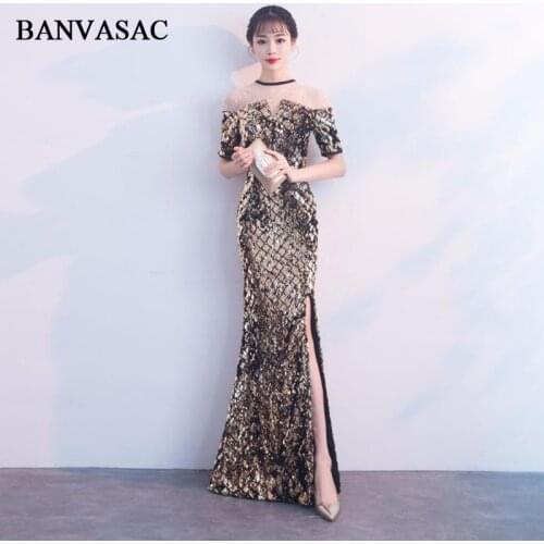 BANVASAC 2018 Illusion Crystal O Neck Sequined Split Mermaid Long Evening Dresses Party Short Sleeve Prom Gowns