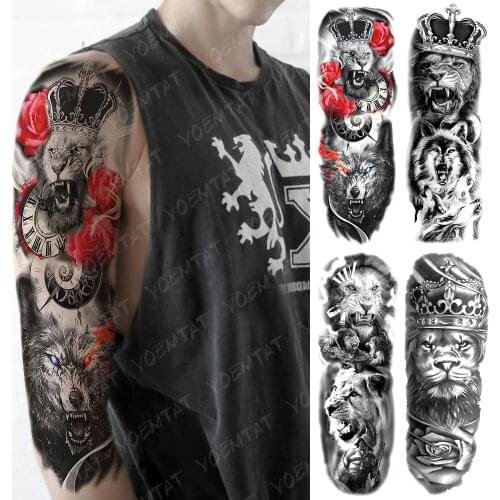 Large Arm Sleeve Tattoo Lion Crown Wolf King Waterproof Temporary Tatto Sticker Rose Clock Warrior Body Art Full Fake Tatoo