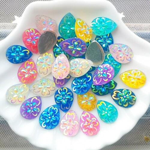 DIY 80pcs 10*14mm AB Resin Water Drop Flower Rhinestone Flatback Wedding Decoration Buttons