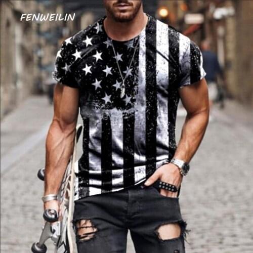 Mens Fashion Vintage Black White Stars And Striped Printed Short Sleeve T-shirts 2021 Summer New Oversized O Collared T Shirts
