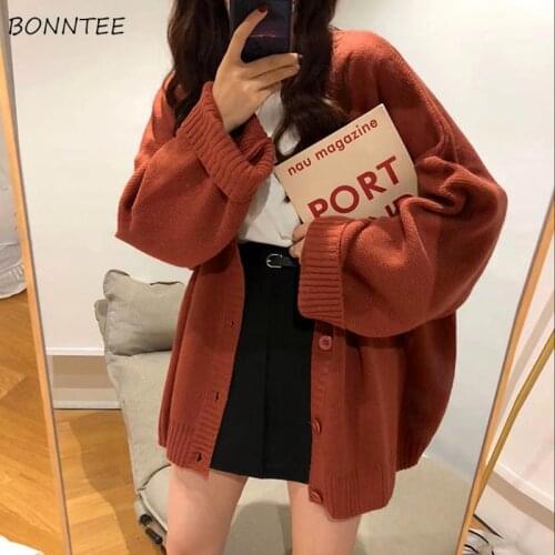 Cardigan Women Full Sleeve V-neck Solid Button Oversize Retro Lazy Students Korean Style Fashion All-match Simple Sweater Female