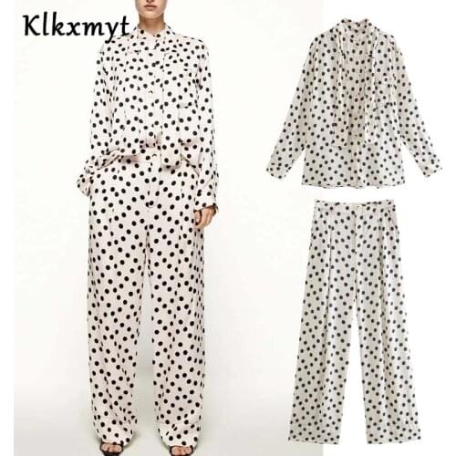 Klkxmyt Za Woman Suit 2021 Vintage Wave Point Print 2 Piece Sets Women New Fashion High Waisted Pant Set Female Shirt Suit