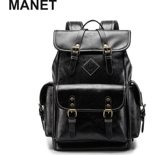 MANET Travel Backpacks Korean Style Mens Backpacks Large Capacity Male Travel Bags Soft PU Leather Men Shoulder Bags Laptop Bag