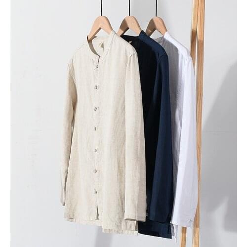 1047 Chinese Style Men Linen Shirts Slim Fit Casual Classic Breathable Healthy Fashion Yarn-Dyed Stand Collar Long Sleeve Tops