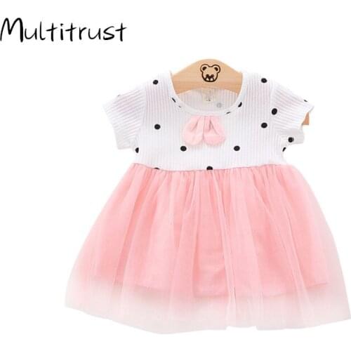 Baby Girl Dress Mesh Skirt Polka Dot Print Short Sleeve High Waist Bowknot Casual Infants Clothes