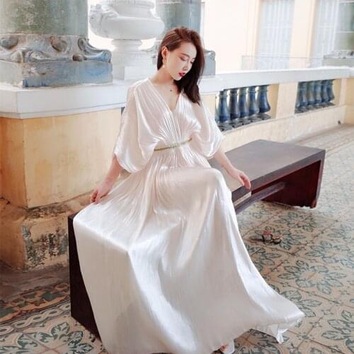 High Quality V-Neck Pleated Long Maxi Silk Satin Dress Women Luxury Elegant A-line Vacation Holidays Spring Summer Lady Dresses