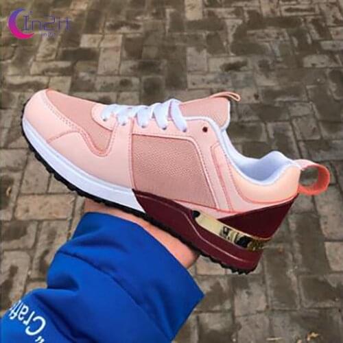 Casual Fashion Womens Sneakers Pink Leather Thick Bottom Increased Sneakers Comfortable Sports Shoes Big Size 35-43 For Ladies
