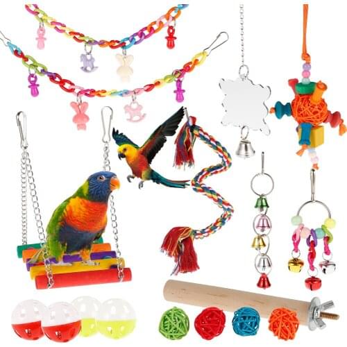 Bird Parrot Hanging Chewing Toys Set Colorful Wooden Bridge Beads Bells Climbing Toys Bird Cage Games Creative Parrot Supplies