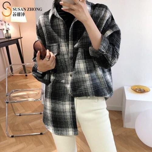 Women Shirts Female Long Sleeve Blouse Vintage Tops Check Plaid Turn-Down Collar Button Cuff Flap Pockets Batwing Wave Cut Hem