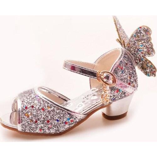 Girls Sandals Rhinestone Butterfly pink Latin dance shoes 5-13 years old 6 children 7 summer high Heel Princess shoes kids shoes