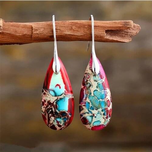 JL39F-4F SEA SEDIMENT EARRINGS Natural Stone Dangle Healing Drop Earrings-AAA Petrified Sediment Jasper Stone Protection JEWELRY