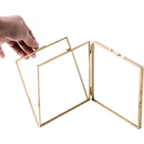 Folded Double-Sided Glass Metal Photo Frame, Botanical Specimen Holder, Electroplated Gold-Covered Display Stand 132x132mm