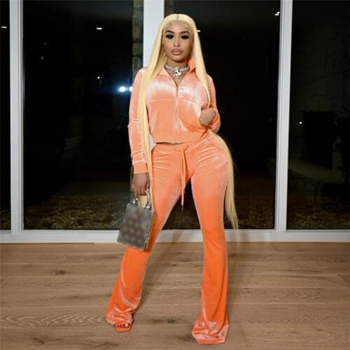 Long Sleeve Zip Top and Pants Set with Pocket Womens Tracksuit Autumn Velour Drawstring Trouser Suit for Women 2 Piece Clothing