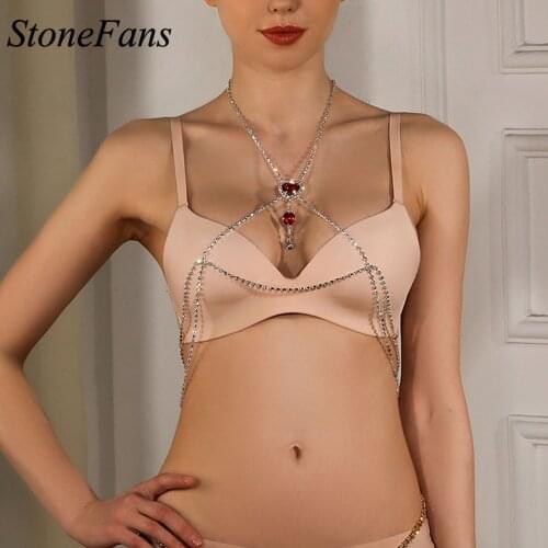 Stonefans Red Crystal Heart Chest Chain Body Harness for Women Necklace Body Chain Heart Shaped Rhinestone Bikini Body Jewelry