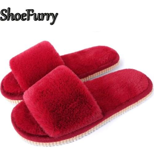 ShoeFurry Winter Shoes Woman Home Slippers Big Size Faux Fur Warm Shoes Slipper For Women 2019 Furry Indoor Slippers Cotton Shoe