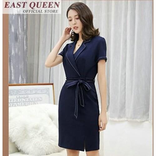 Tunic business dress for womens office businesses chic dresses V-neck graceful short sleeve elegant solid stright dress FF415 B