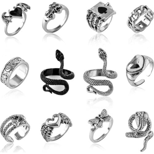 Vintage Punk Animal Butterfly Snake Ring Gothic Antique Silver Plated Heat Thorns Crown Finger Rings For Women Men