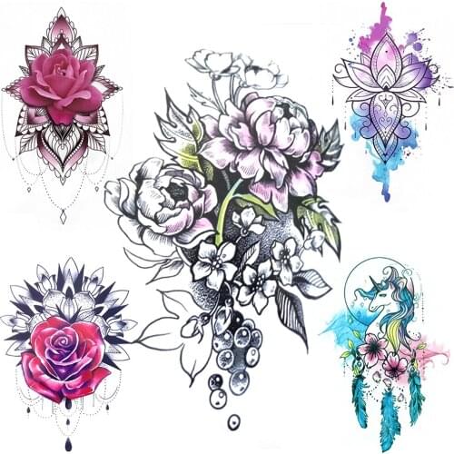 Cherry Blossoms Temporary Tattoos For Kids Women Rose Henna Flowers Tattoo Sticker Watercolor Lotus Unicorn Feather Tatoo Chest