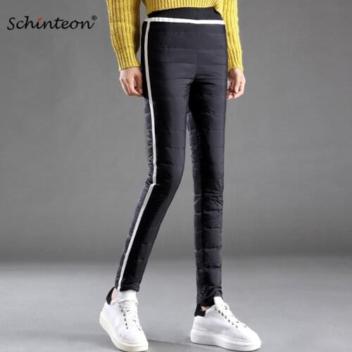 Schinteon Women Down Pants Warm Winter Thick Trousers 90% White Duck Down Striped Elastic Waist Pants Female