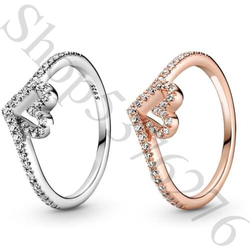 Authentic 925 Sterling Silver Sparkling Wishbone Heart Fashion Ring For Pandora Women Bead Charm Gift DIY Jewelry