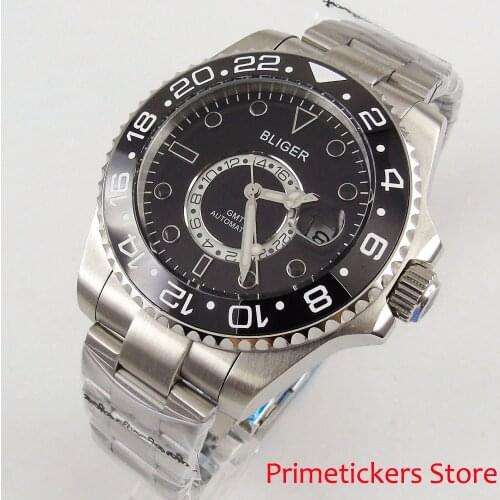 BLIGER mechanical watch 43mm black dial ceramic bezel GMT sapphire crystal luminous marks automatic movement