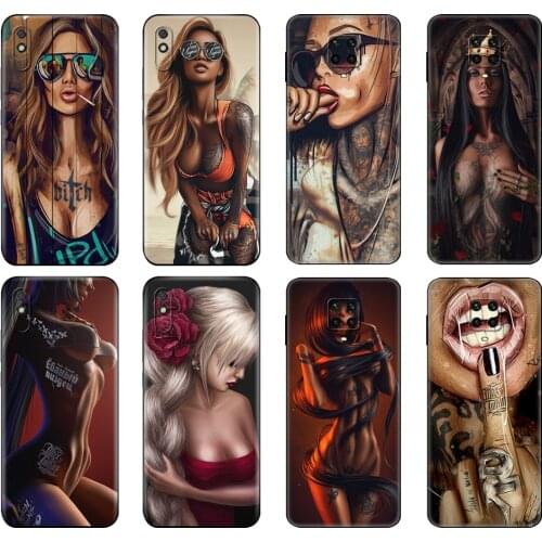 Black tpu Case For Xiaomi Redmi 7A 8 8A 9 9A 9C Case Redmi Note 8T 8 Pro T Note 9 9S 9 Pro Case Sexy Sleeve Tattoo Girl