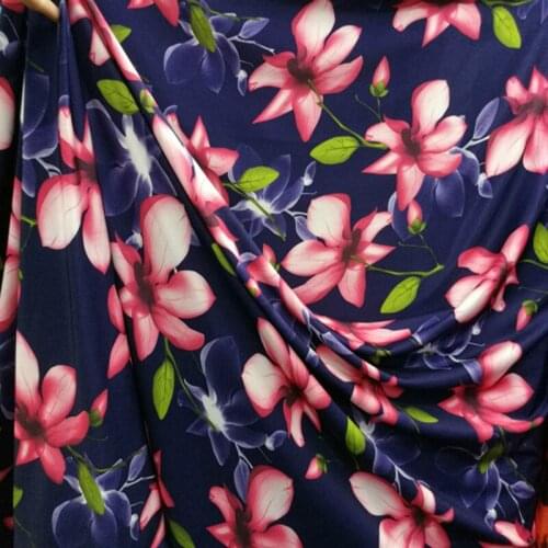 Milk silk four sides elastic navy blue bottom pink big flower cloth fabric for sewing latin dance dress 1Meter