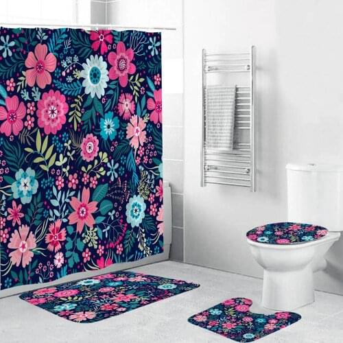 Dafield Shower Curtain Sets with Non-slip Rug Toilet Lid Cover Bath Mat Floral Shower Curtain with Hooks Waterproof Bath Curtain
