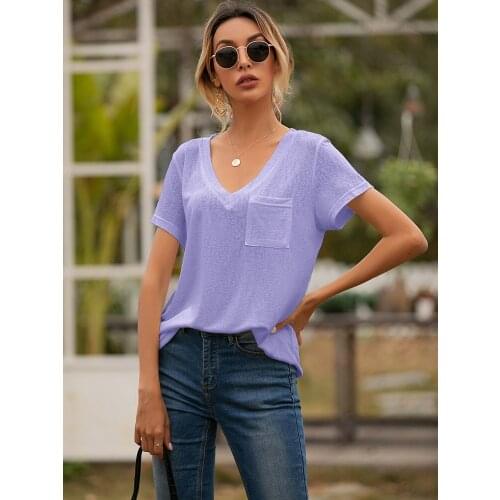 T-Shirts Women 2021 V Neck Pocket Summer Clothes Loose Casual Ladies Tops Simple Solid Color Tees Soft Comfy Short Sleeve Tshirt