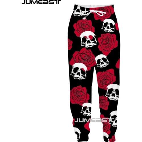 Jumeast Brand Men/Women 3D Printed Red Rose And Skull Casual Long Pants Sport Pullover Length Sweatpants Fashion Trousers