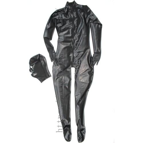 Black 0.4mm thickness natural full cover latex catsuit homme with seperated latex hoods Fetish attached back zip to abdomen