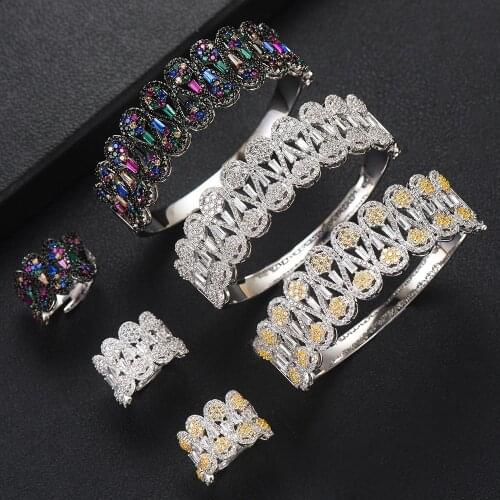 LARRAURI 2PCS Bracelets/Ring Luxury Cubic Zirconia Open Bangle Resizable Rings Trendy Girls Women Patry Wedding Jewelry Sets