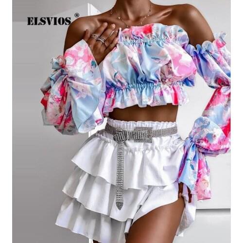 Summer Casual Women Printed Sexy Off-shoulder Fashion Trend Chiffon Blouses Autumn Elegant Slim Puff Long Sleeves Streetwear Top