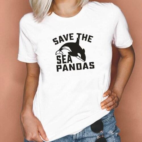 Summer Short Sleeve Casual T Shirt Women Tops Women TShirt Fashion Save The Sea Pandas Print Tee Shirt Femme Camiseta Mujer