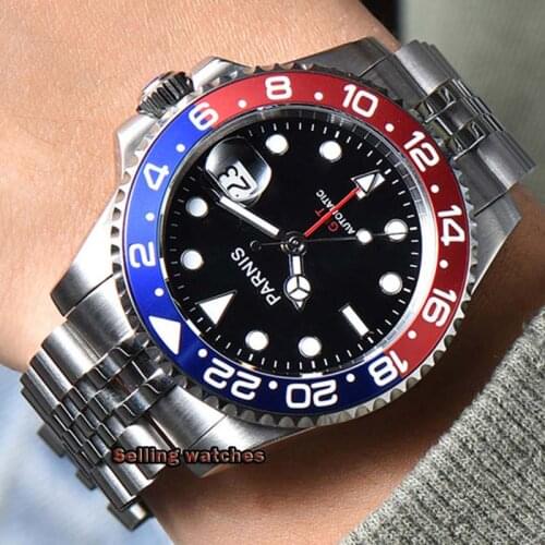 PARNIS 40mm Black Dial Self Winding Mens Watch With Deployment Clasp Jubilee Strap GMT Model Ceramic Bezel