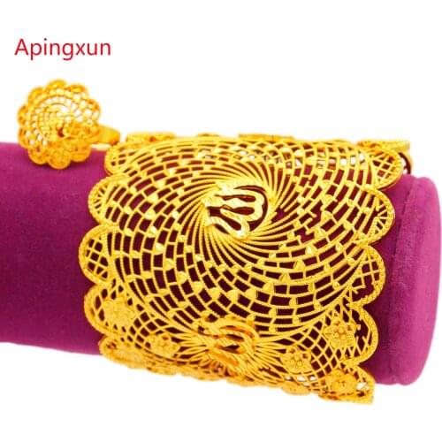 Apingxun Free size Dubai 24K Gold Color Bracelet&Ring Set For Ethiopian/Arab/French Women Bridal Wedding Jewelry Party Best Gift