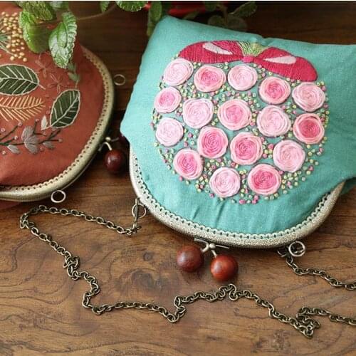 DIY Embroidery Bag Kits Floral Needlework Phone Coin Chain Bags Cross Stitch Sets with Embroidery Hoop Birthday Christmas Gift
