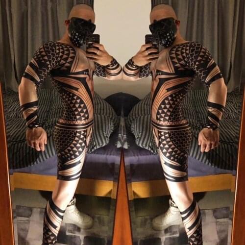 European Bar Nightclub Male Singer Dance Teams Pole dancing Costume 3D Printed Tattoo Leotard Stretch Jumpsuit Skinny Tights
