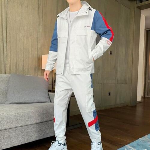 Autumn fashion Hip Hop Workwear Suit Mens Tracksuit Hooded Jacket+Sweatpants Two-piece Sets Men Sportswear Running Sets