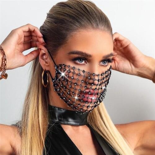 Luxury Mystic Black Mesh Veil Rhinestone Jewelry Mask for Women and Girl Bling Crystal Decoration Mask Prom Party Face Jewelry