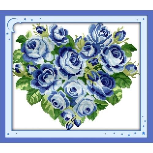 Rose Heart (5)-Blue cross stitch kit aida 14ct 11ct count print canvas cross stitches needlework embroidery DIY handmade