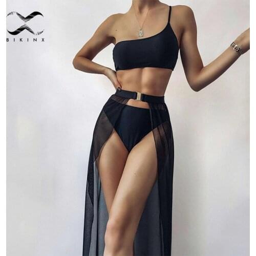 Sexy one-shoulder bandeau swimsuit High waist bikini 2021 Mesh long skirt swimwear women Elegant bathing suit Beach wear Biquini