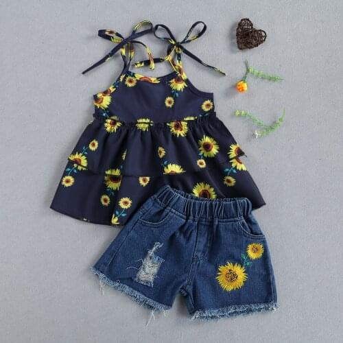 Summer Infant Girls Clothes Sets 2pcs Sunflowers Print Sleeveless Vest Tops Denim Shorts